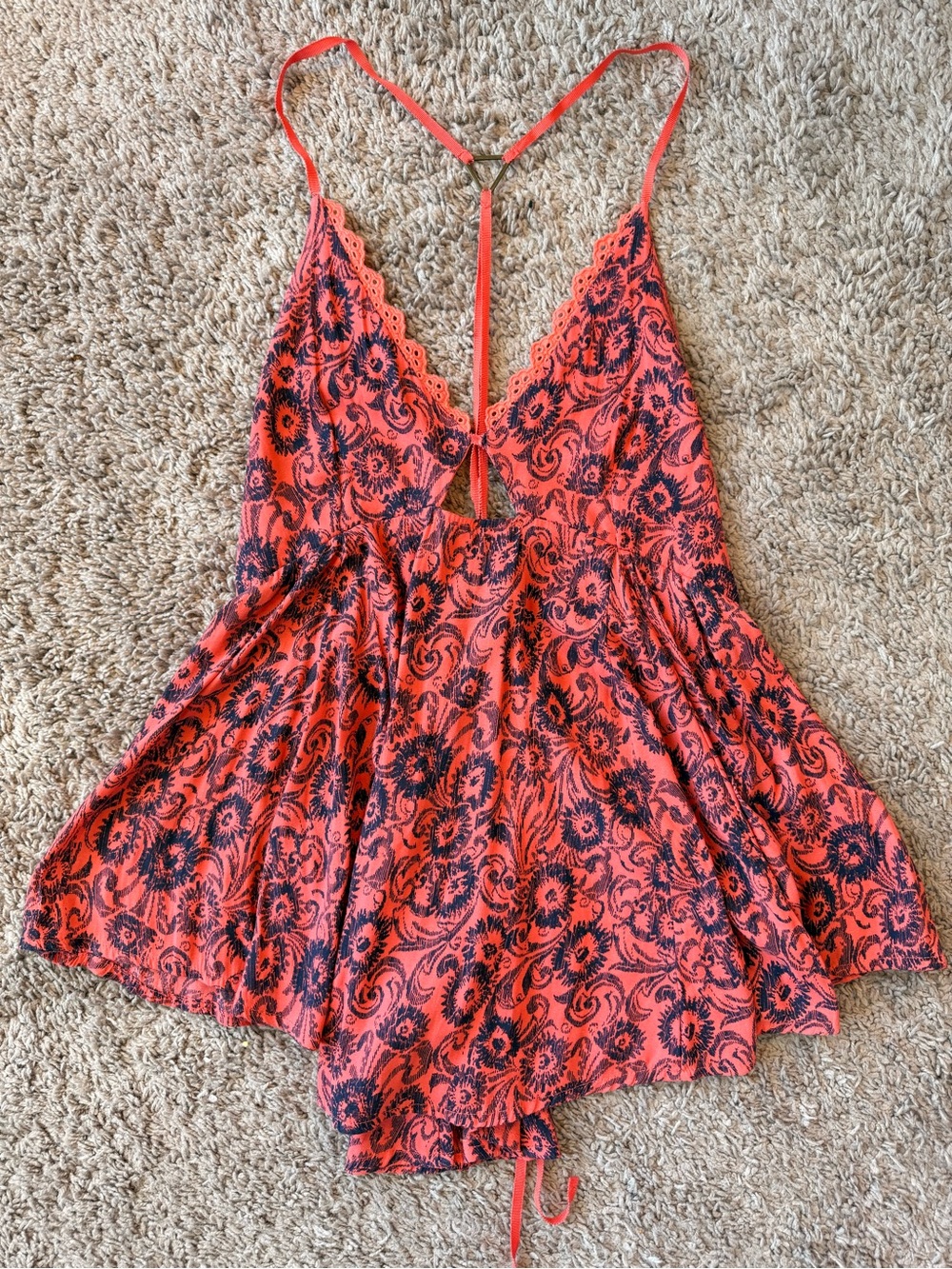 Free People Coral and Navy Blue Floral Lace-Trim Tank Top